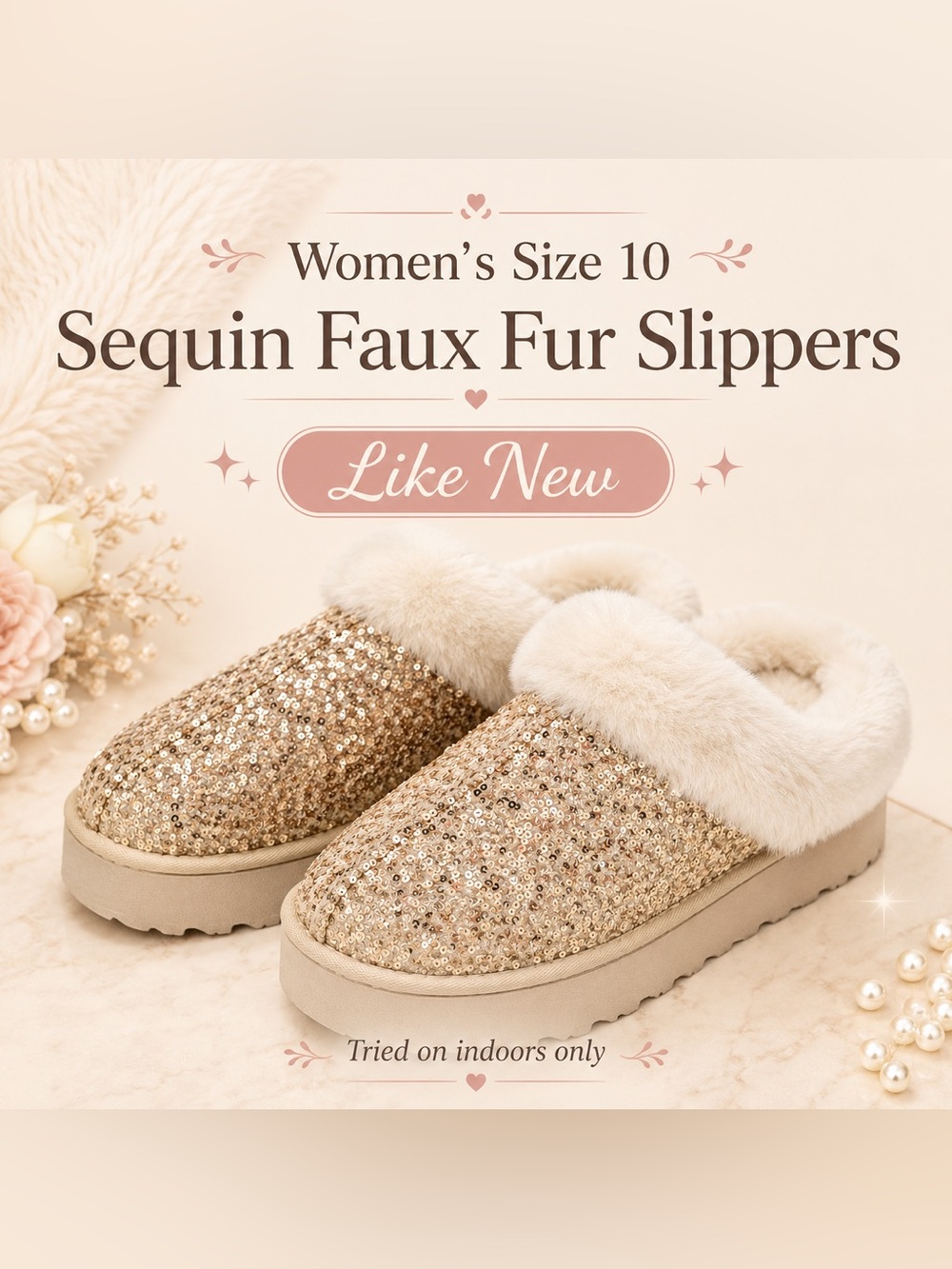 Sequin Faux Fur Slip-On Slippers - Women's Size 10, Champagne